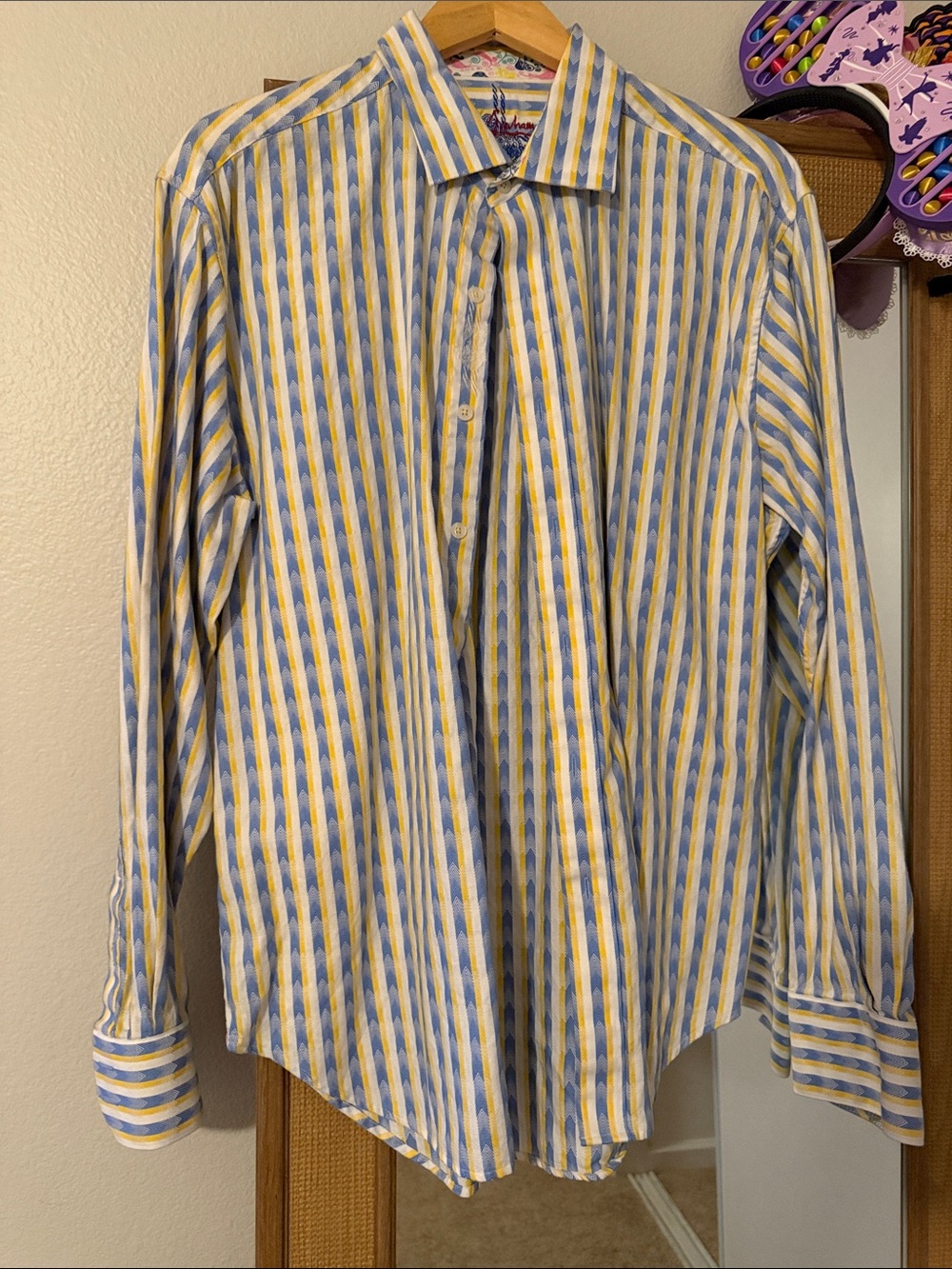 Robert Graham Blue and Yellow Vertical Stripe Dress Shirt
